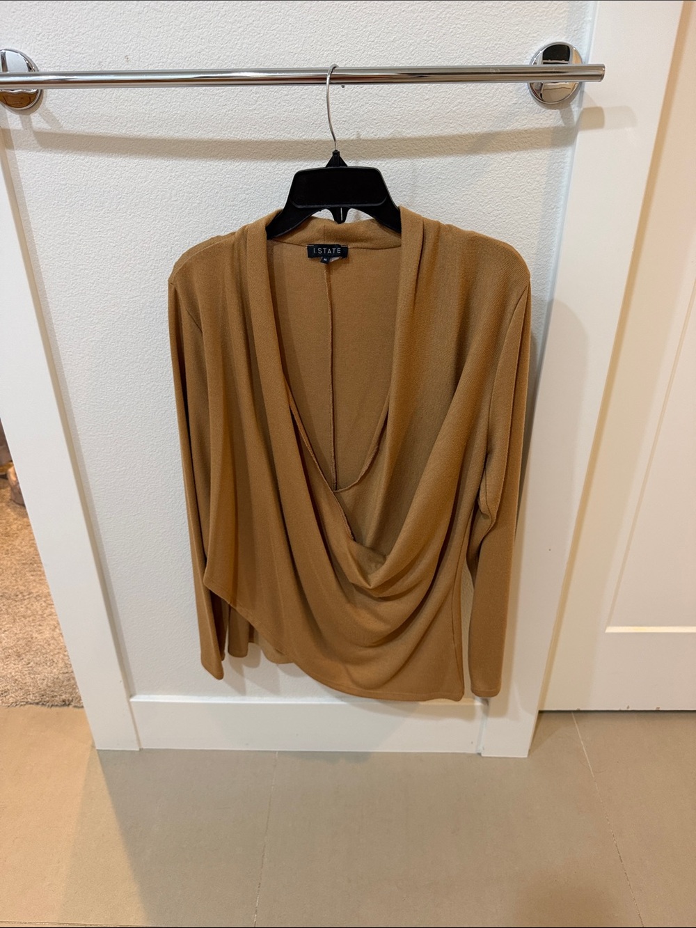 1. State Draped Cowl Neck Sweater in Camel Brown